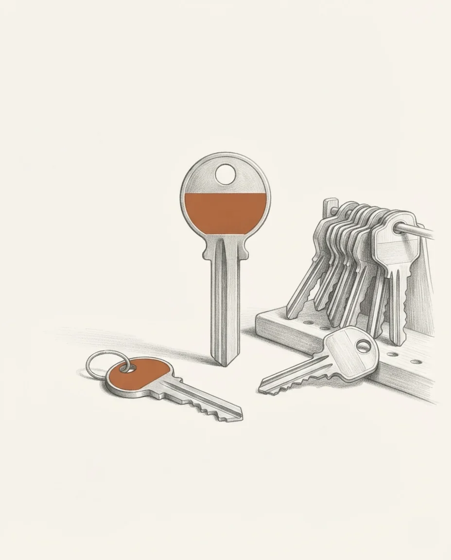 A graphite drawing of an uncut key standing upright beside a rack of cut keys and one key on a ring, the blank and the ringed key clay-coloured.