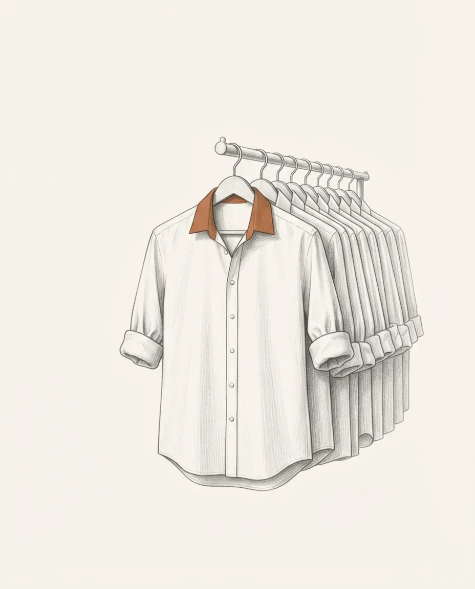 A graphite drawing of a rail of identical pressed shirts hung side-on, the shirt at the front turned to face the viewer with its sleeves rolled and its open collar clay-coloured.