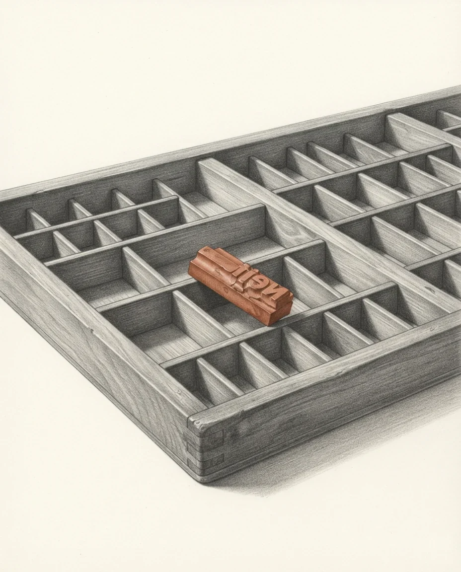 A compositor's wooden type case with its compartments empty and one worn metal sort lying in a single compartment, the sort in clay red, drawn in graphite.