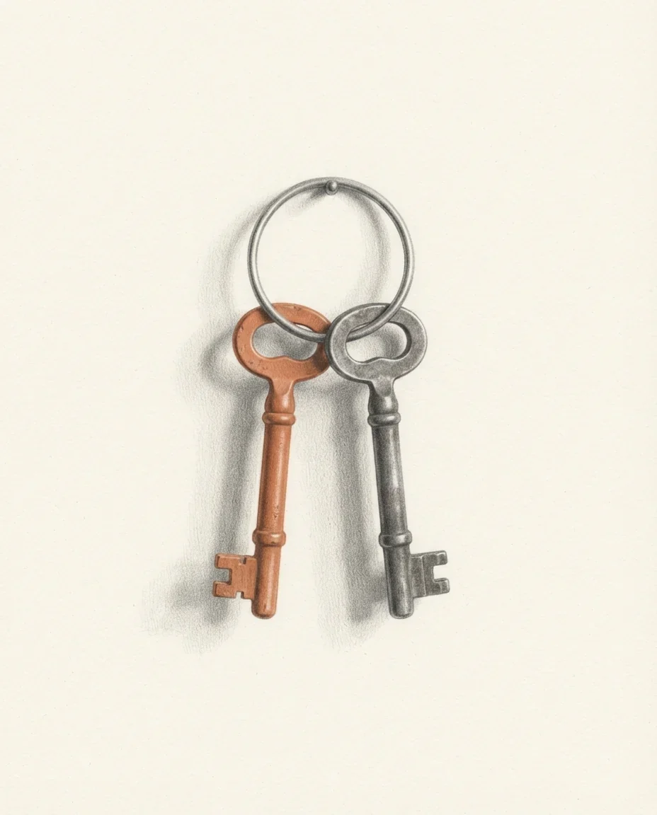 Two identical keys hanging from one ring, the nearer of them in clay red and worn bright from use, drawn in graphite.