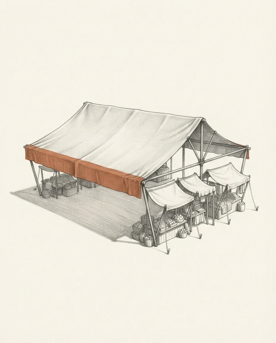 A wide canvas awning over a market stall, its near edge in clay red, several smaller stalls sheltering under one side of it, drawn in graphite.