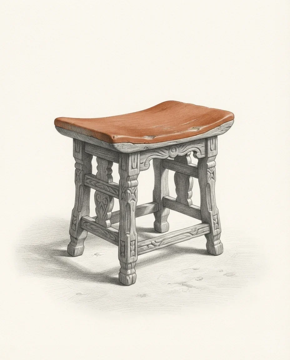 A carved wooden stool standing alone on a swept earth floor, its seat worn smooth and shown in clay red, drawn in graphite.