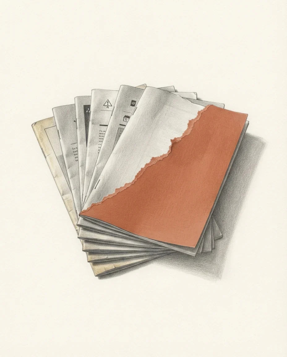 A stack of stapled zines fanned out, their edges yellowed, the top cover half torn away to show clay red beneath, drawn in graphite.