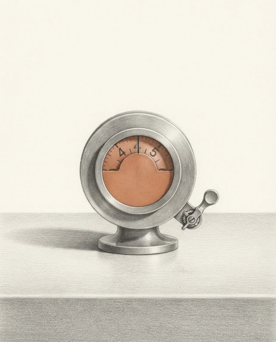 A counter wheel standing on a bench, its dial window in clay red and stopped between two numbers, the reset lever half pulled, drawn in graphite.