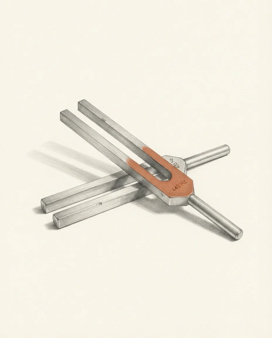 Two tuning forks of nearly equal length lying crossed, the upper one stamped with its pitch and shown in clay red, drawn in graphite.