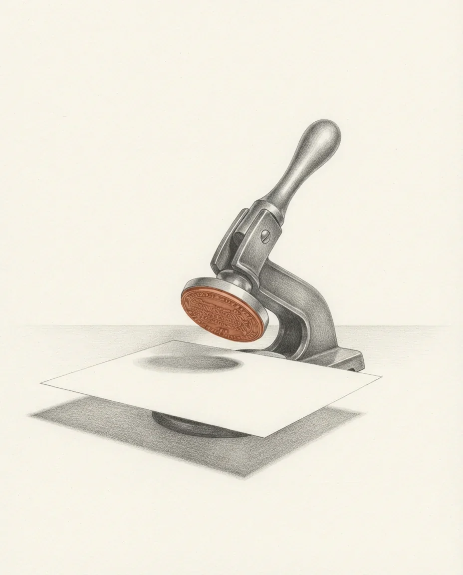 A court seal press standing open above an unstamped sheet, its die in clay red, drawn in graphite.