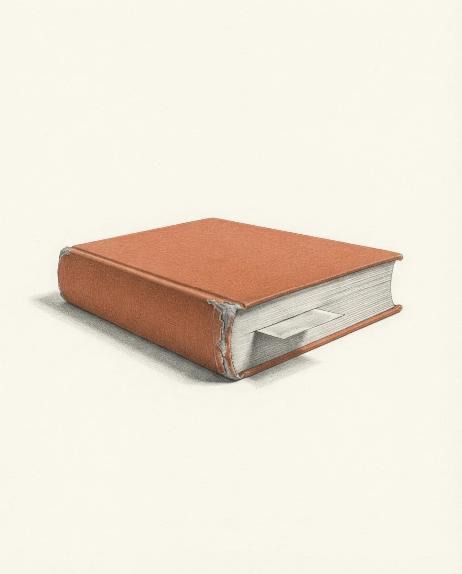 A thick dictionary lying closed, its cloth cover in clay red and rubbed through at the corners, a paper slip protruding from the fore edge, drawn in graphite.