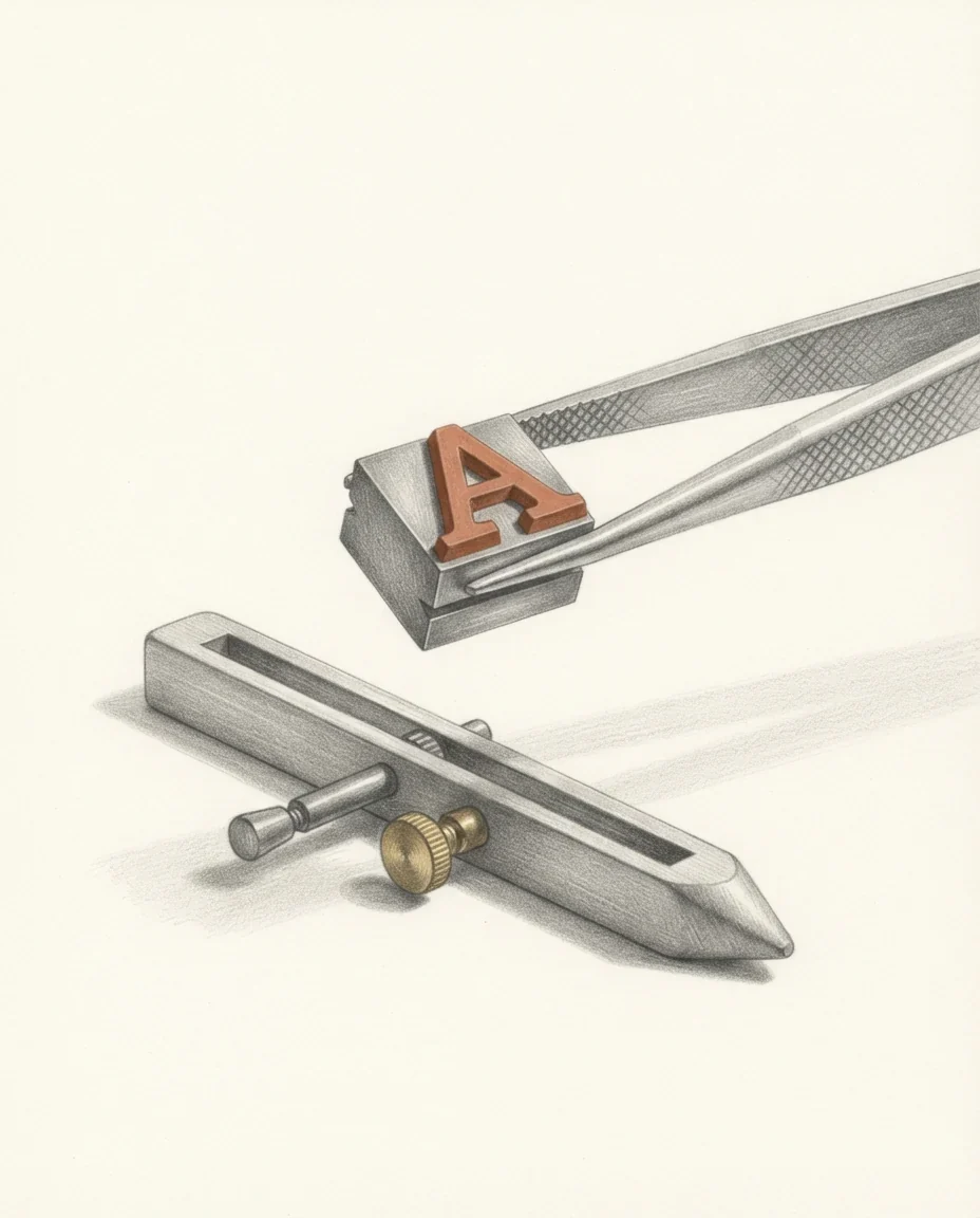 A single letter of foundry type held in tweezers above a composing stick, the letter in clay red, drawn in graphite.