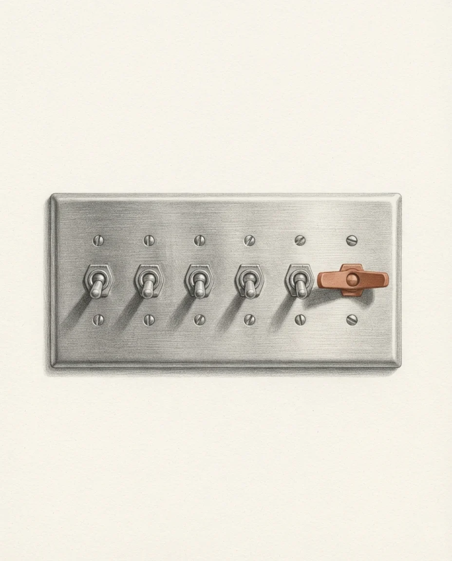 A row of identical toggle switches on one brushed metal plate, the last of them a clay red lever of a different shape, drawn in graphite.