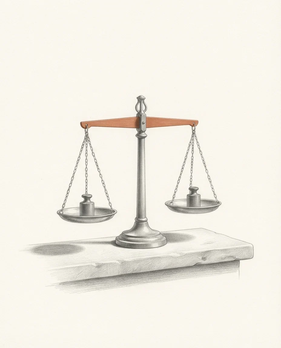 A graphite study of a balance scale at rest on a stone bench, an identical weight in each pan, its level beam a single clay-coloured note against warm white.