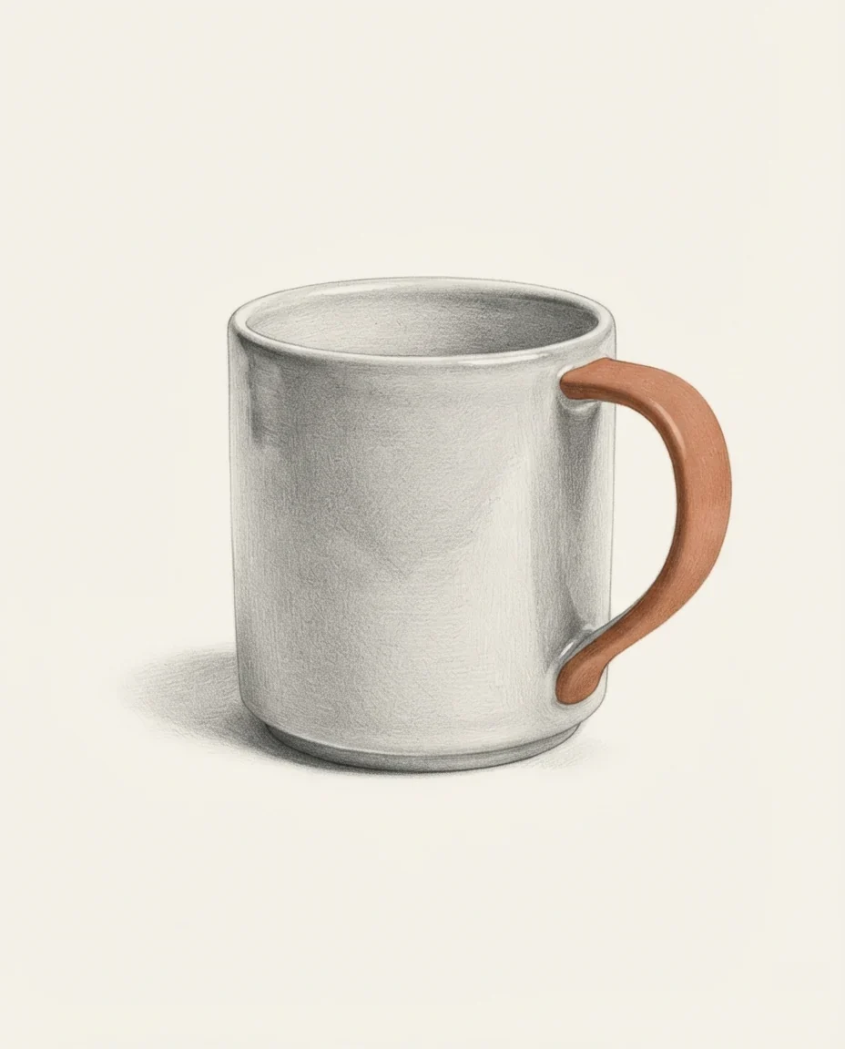 A graphite study of a glazed stoneware mug thrown as a single piece with its handle, the join between handle and body invisible in the clay, the handle a single clay-coloured note against warm white.