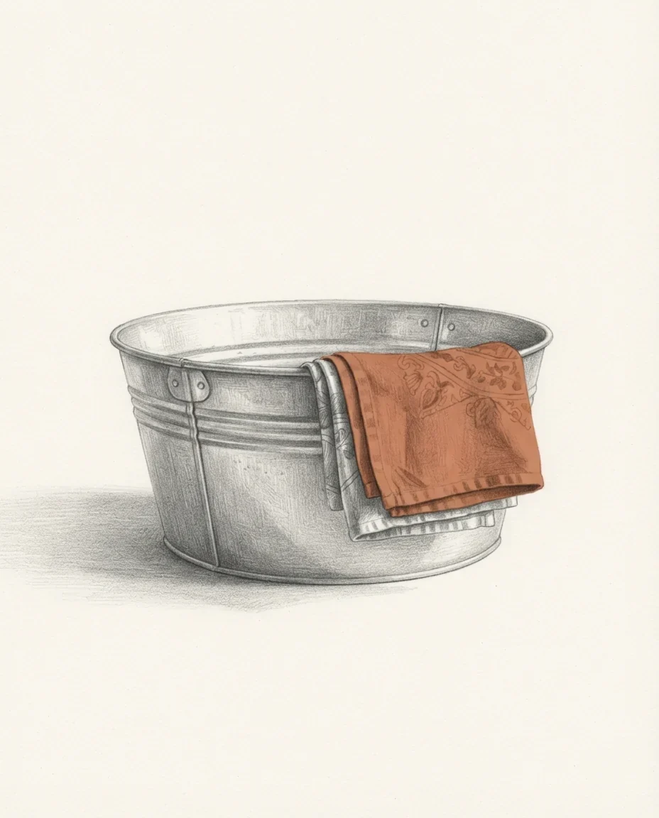 A graphite study of a galvanised metal washing basin with a folded length of printed cotton cloth laid across its rim, the cloth a single clay-coloured note against warm white.