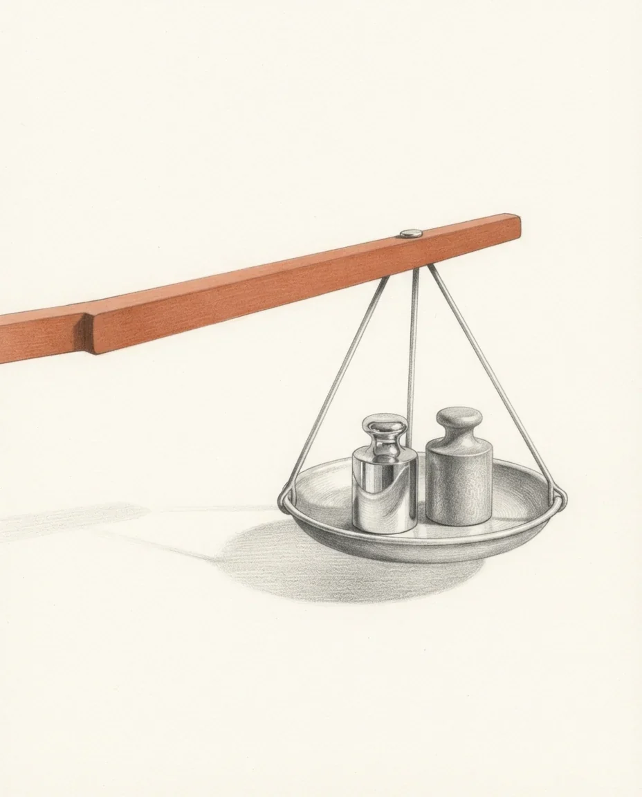 A balance beam in clay red carrying a single pan, two identical brass weights standing side by side on it, drawn in graphite.