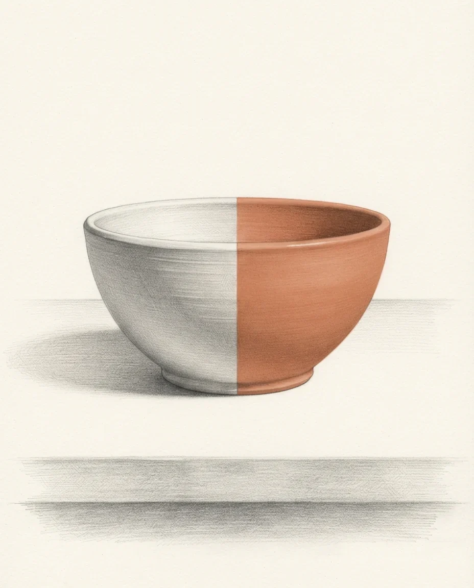A ceramic bowl on a workbench, glazed clay red across one half and left as raw grey clay on the other, the boundary running straight down the middle, drawn in graphite.