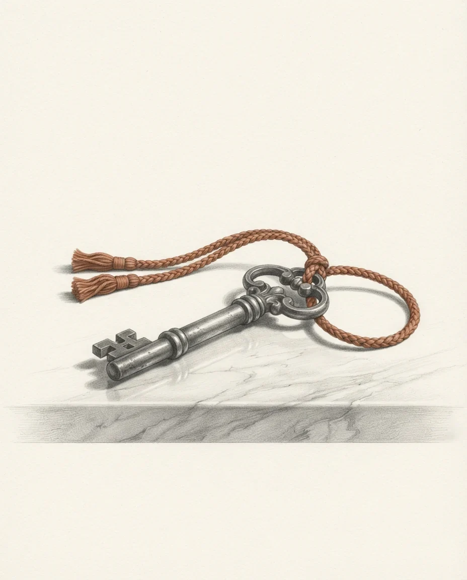 A heavy bronze door key looped onto a braided silk cord in clay red, the cord's tassels laid out beside it on a polished stone sill, drawn in graphite.