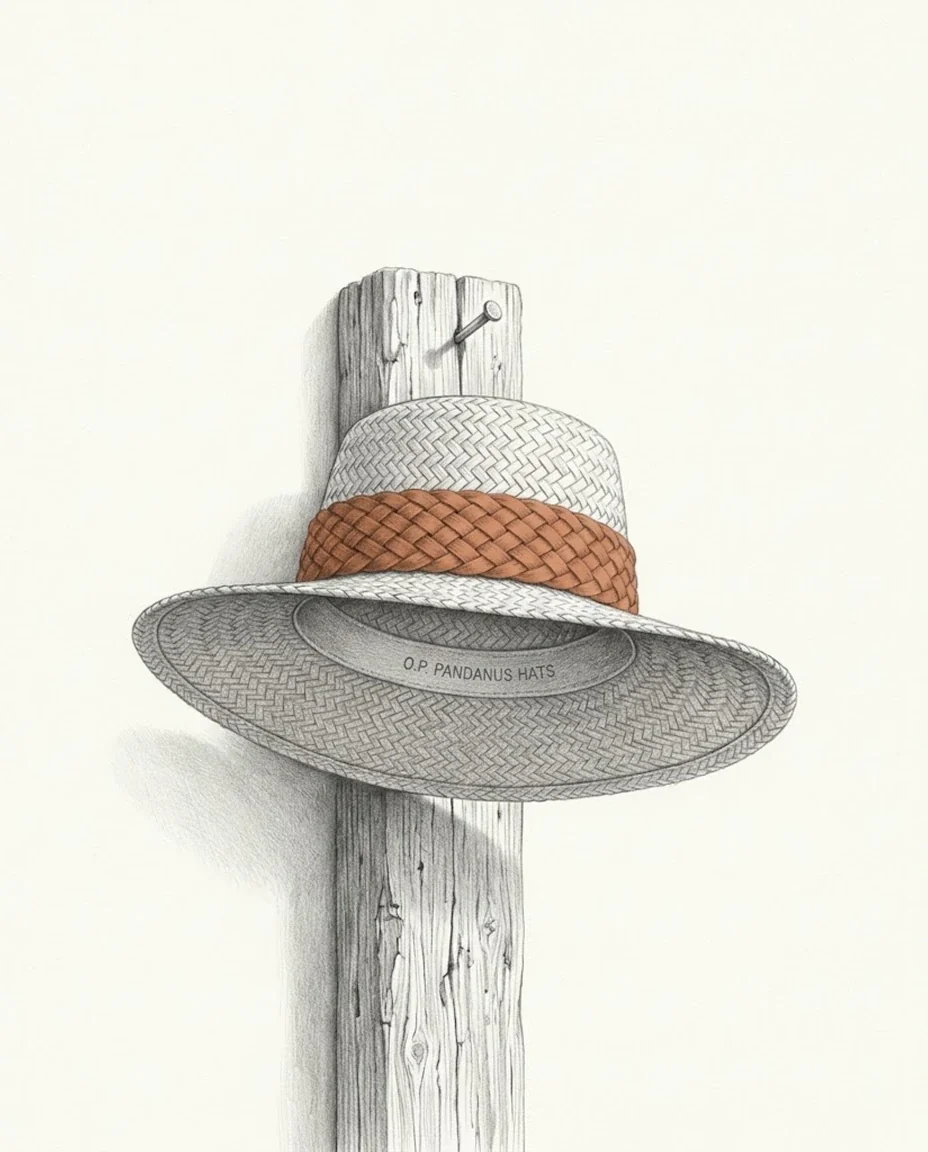 A wide-brimmed woven pandanus sun hat with a clay red plaited band, hanging from a nail on a weathered timber post, drawn in graphite.