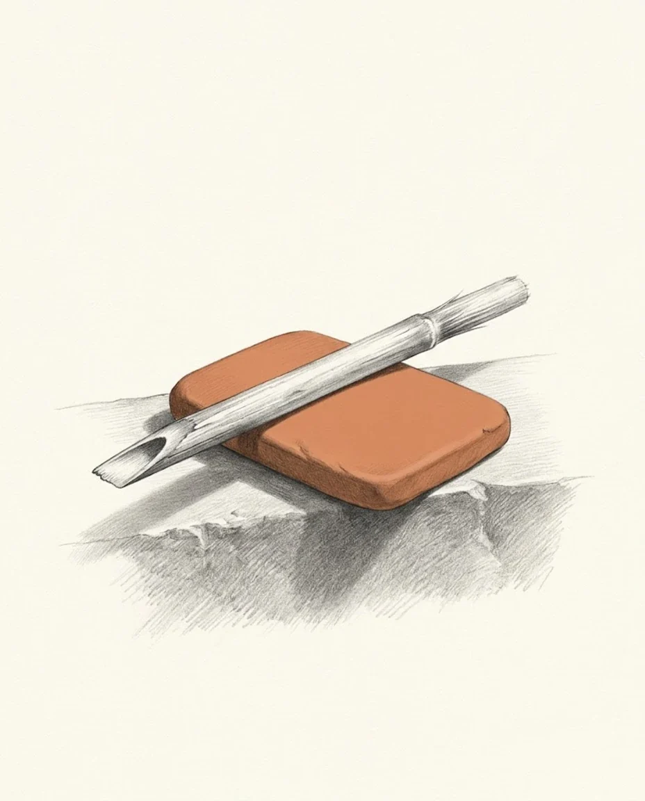 A wedge-tipped reed stylus resting across a small unmarked clay red tablet on a stone ledge, drawn in graphite.