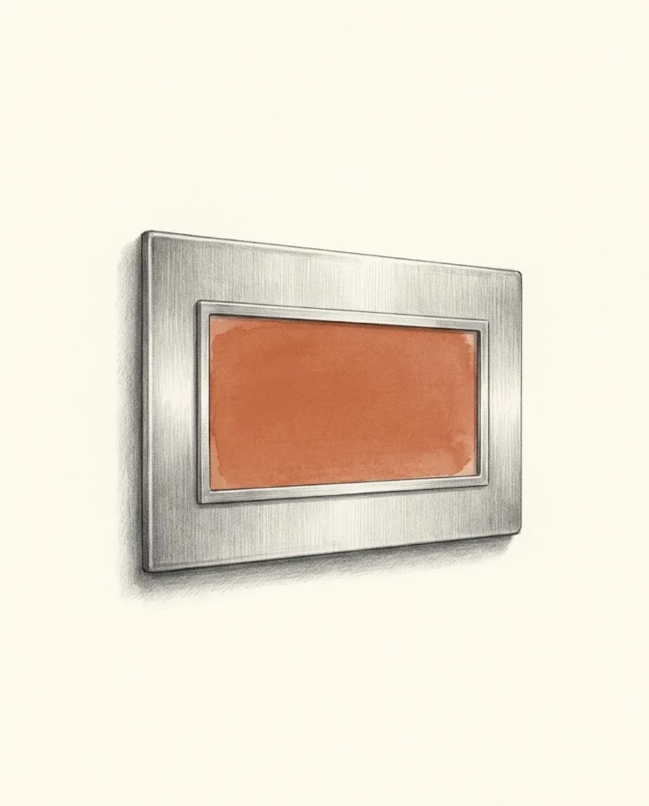 A slide-in ward door sign in a brushed metal frame, its label window empty and clay red, drawn in graphite.