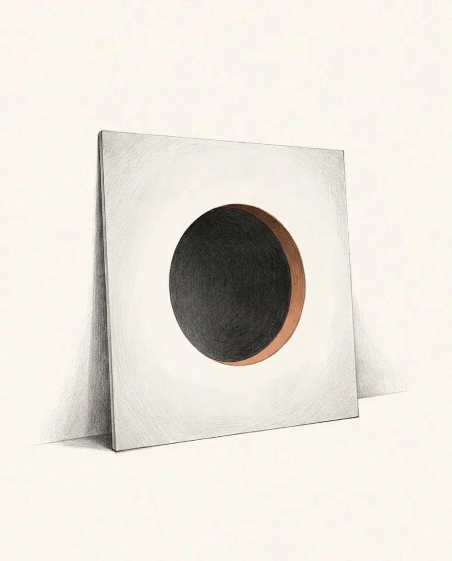 A circular hole cut clean through a sheet of pale plaster propped upright, the cut rim clay red and the interior unlit, drawn in graphite.