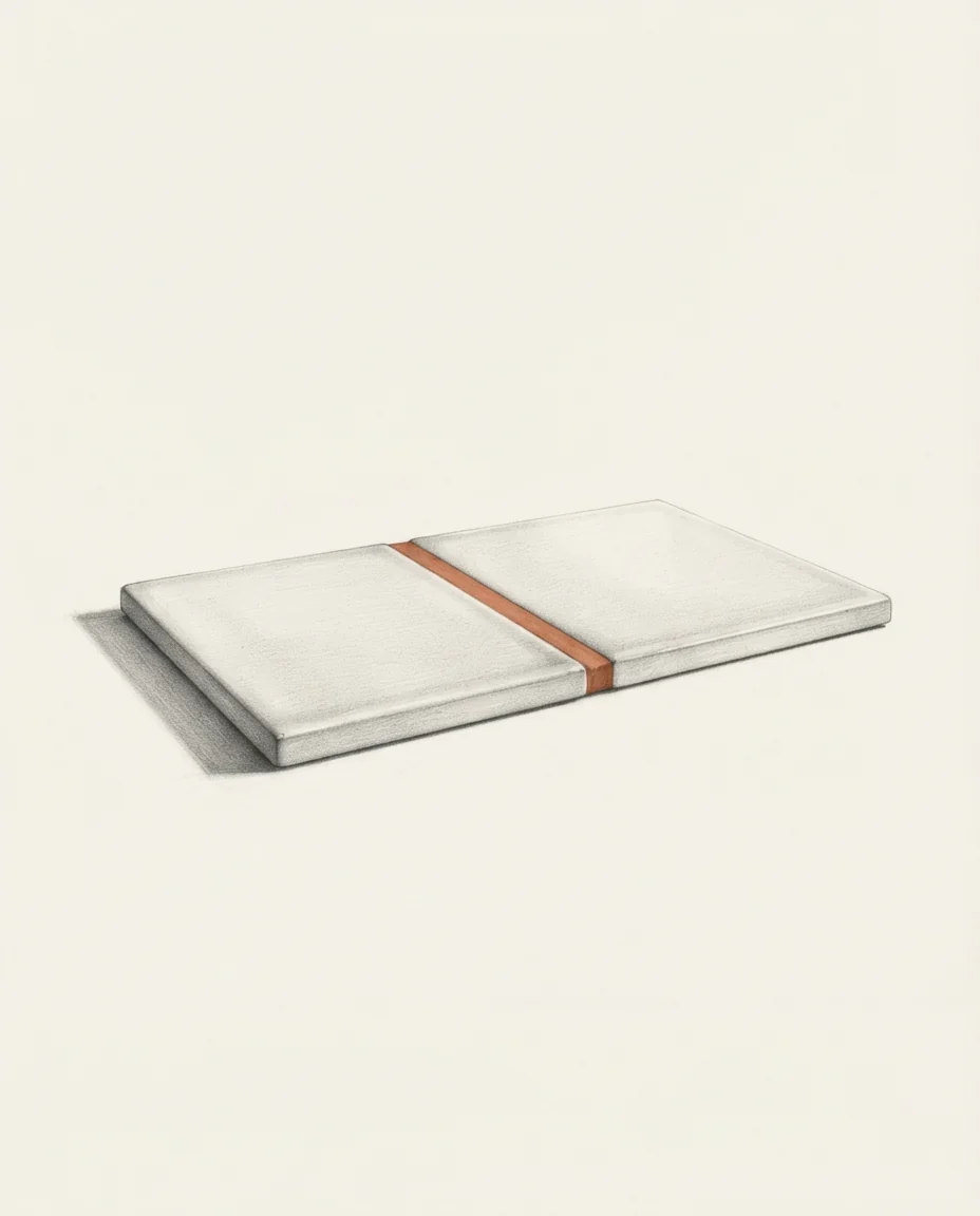 Two ceramic tiles laid edge to edge on a workbench under almost the same glaze, the seam between them a band of clay red, drawn in graphite.