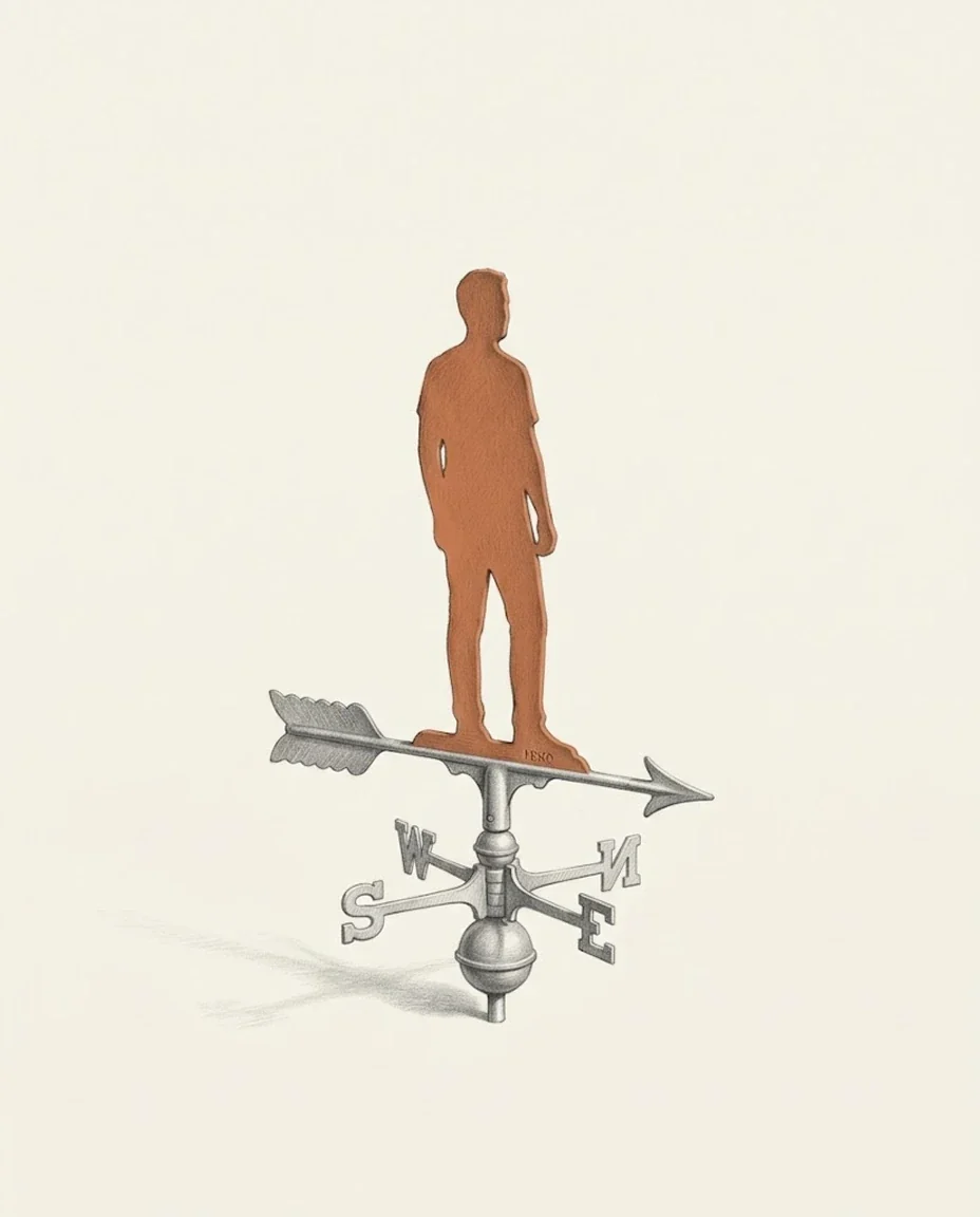 A weather vane cut in the shape of a standing clay red figure, mounted on a short spindle above a cardinal ring, drawn in graphite.