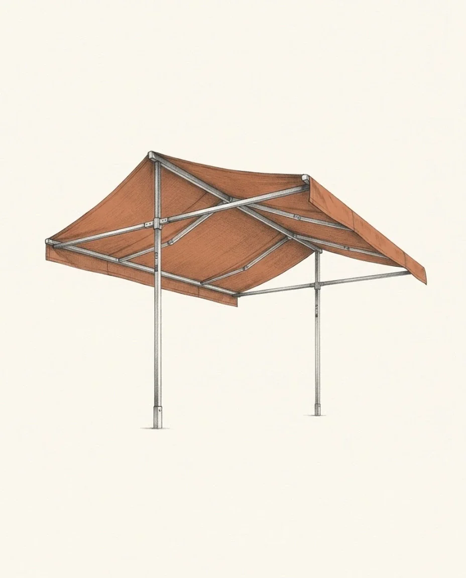 A wide clay red canvas market awning stretched on steel poles, seen from underneath with its seams and ribs showing, drawn in graphite.