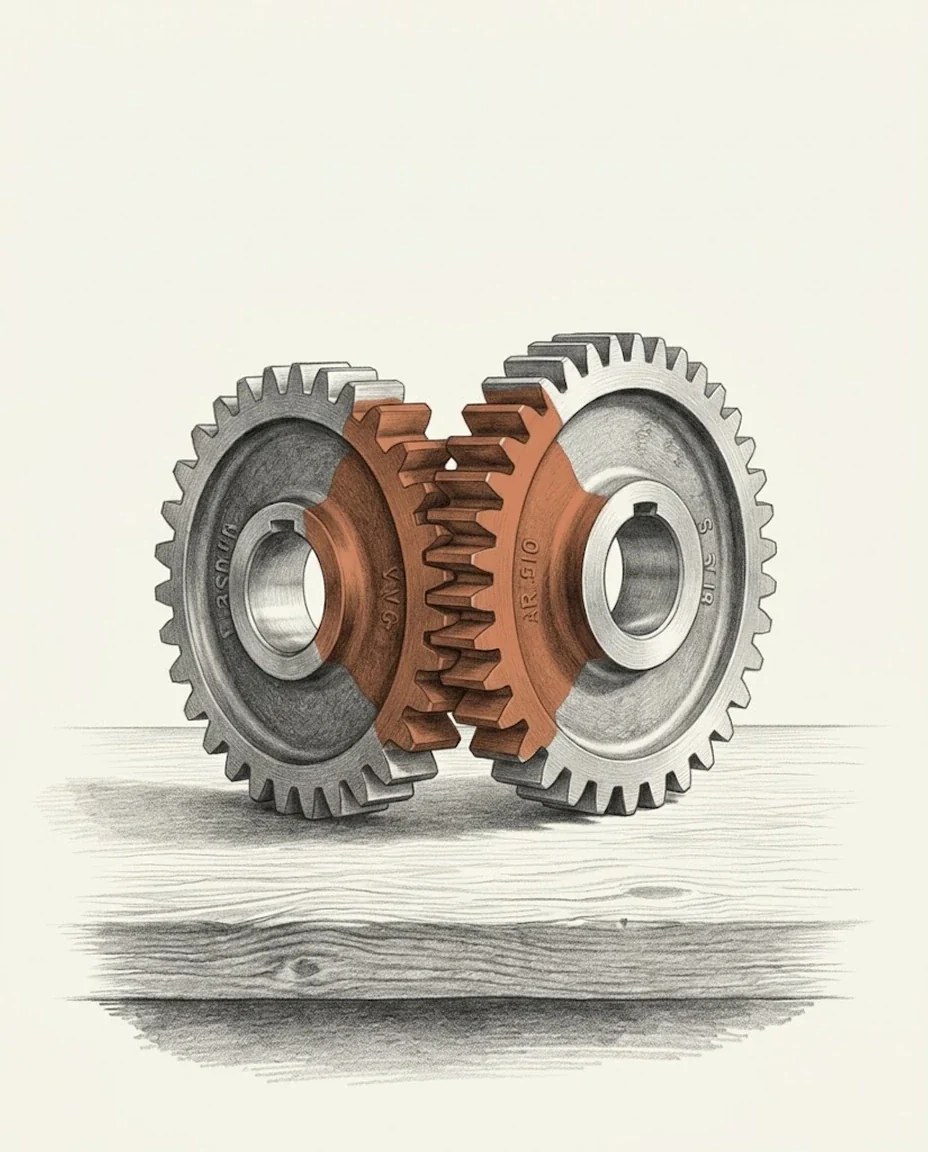 Two cast-iron gears fused into a single piece on a machinist's bench, the clay red join where the teeth of one continue into the body of the other, drawn in graphite.