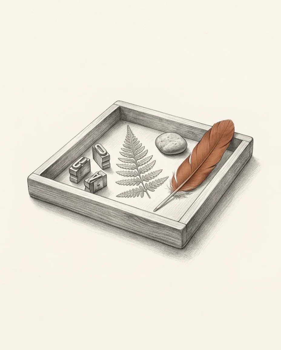 A wooden printer's galley holding three loose lead sorts, a pressed fern frond, a river pebble and a single clay red feather, drawn in graphite.