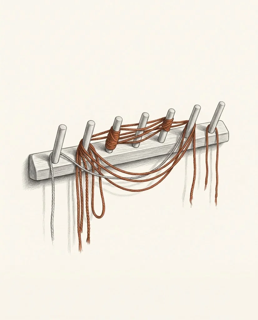 A wooden peg rack on a wall with several loose clay red threads looped and knotted over some of its pegs and a few pegs left bare, drawn in graphite.