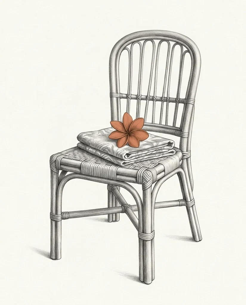 A folded printed cotton pareu on the seat of a rattan chair with a single clay red tiare flower resting on top, drawn in graphite.