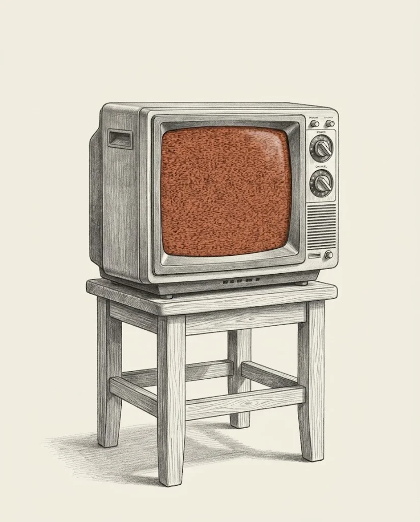 A small cathode-ray television set standing on a wooden stool, its screen filled with clay red untuned static, drawn in graphite.
