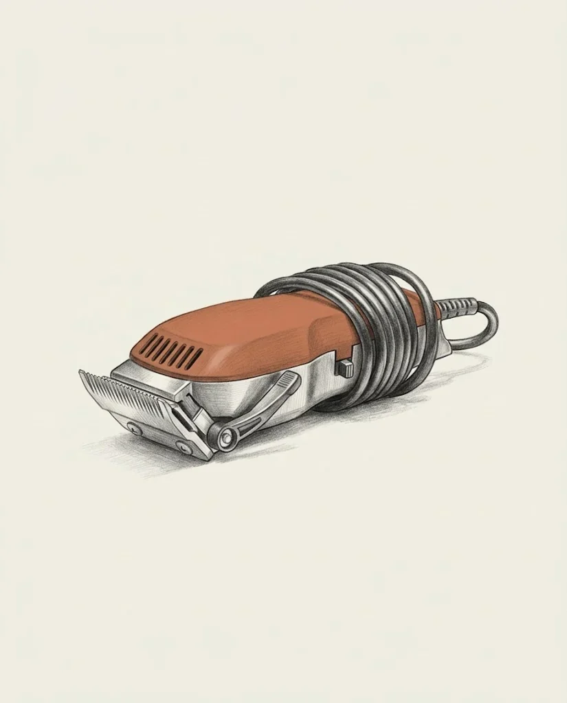 A pair of steel barber's clippers with a clay red housing lying on its side, the flex coiled neatly around the body, drawn in graphite.