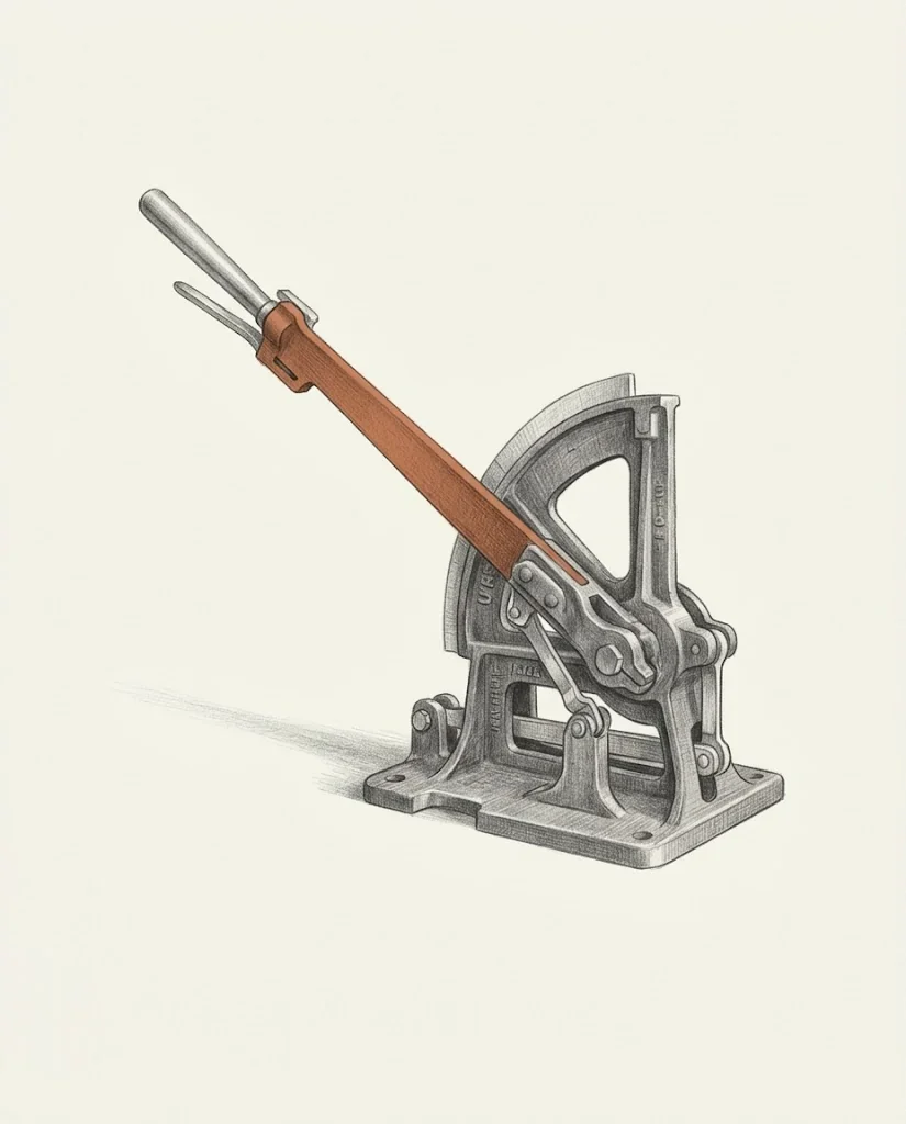 A cast-iron railway points lever with a clay red shaft thrown fully across its quadrant frame, drawn in graphite.