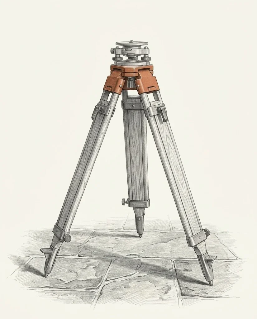 A surveyor's oak tripod standing planted on a stone floor with its three legs spread, the clay red brass collar joining the legs at the head, drawn in graphite.