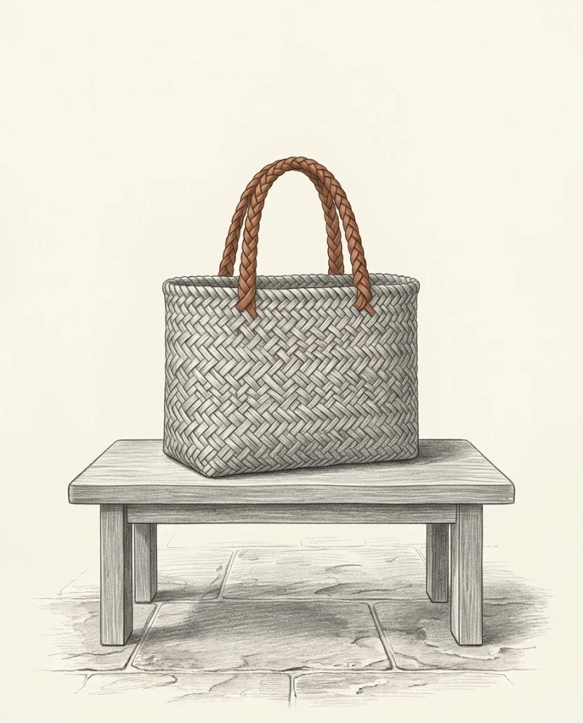 A woven harakeke flax kete with a clay red plaited handle resting on a plain wooden bench over a flagstone floor, drawn in graphite.
